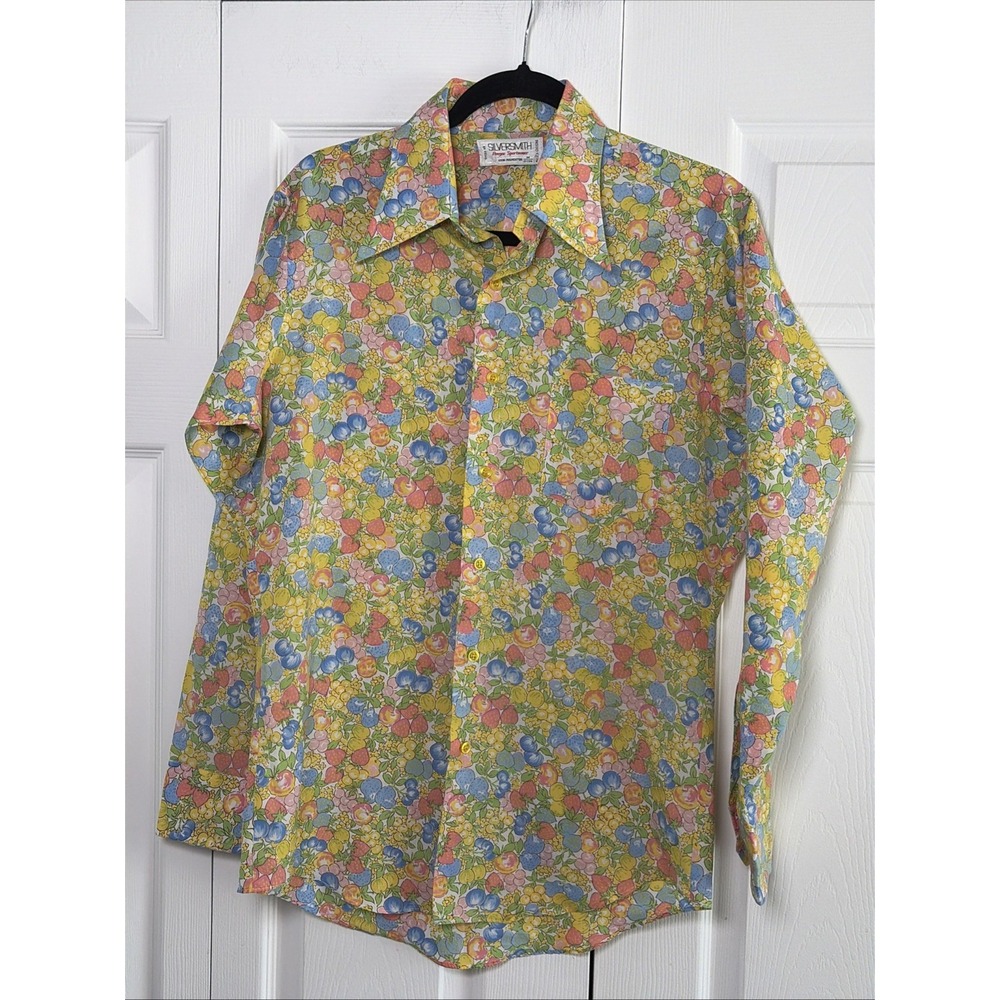 Silversmith Vintage Fruit Print Button Down Mens Size M Yellow 70s Disco Retro